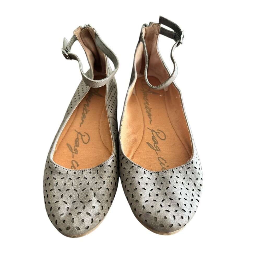 American Rag Womens Perforated Grey Ankle Strap Flats Size 9.5